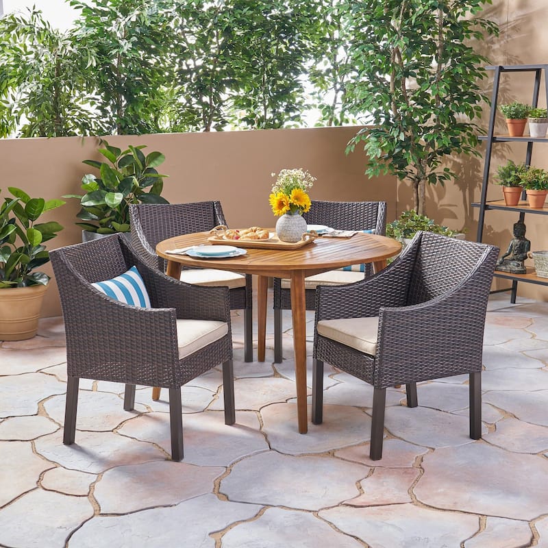 Torrence Outdoor 5 Piece Wood and Wicker Dining Set - Teak Finish + Multi Brown + Beige Cushion