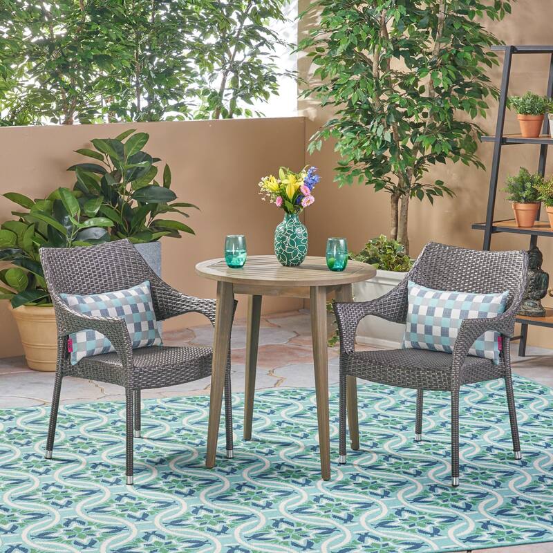 Louisa Outdoor 3 Piece Wood and Wicker Bistro Set by Christopher Knight Home - Grey