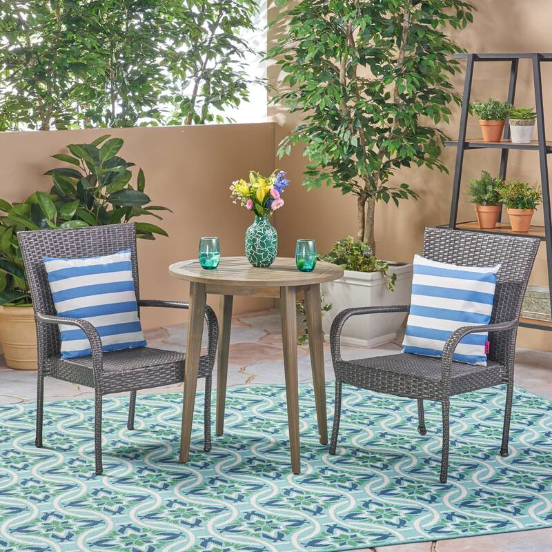 Linwood Outdoor 3 Piece Wood and Wicker Bistro Set by Christopher Knight Home