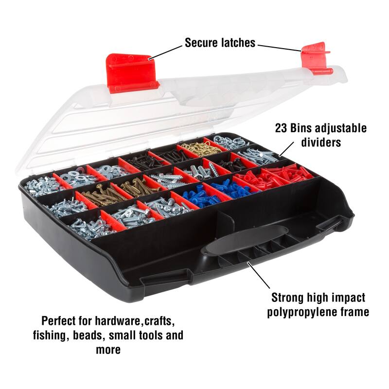 Portable Storage Case- Secure Locks & 23 Compartments with Removable Dividers for Hardware, Screws, Bolts, Jewelry by Stalwart