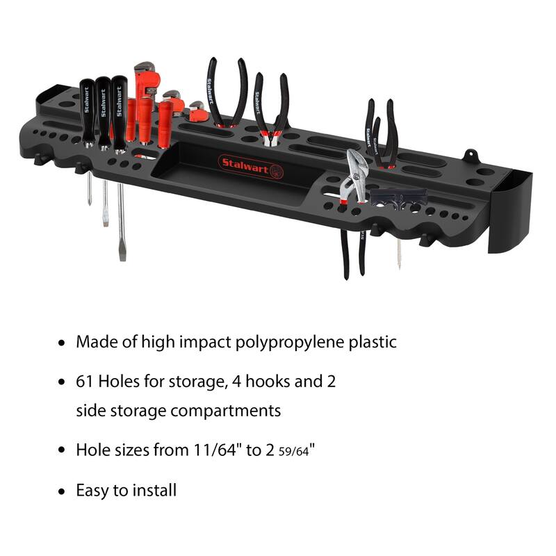 Tool Storage Shelf - Wall Mount Utility Shelf - 61 Slots, 4 Hooks, 2 Compartments - Garage Shelving and Organizers by Stalwart