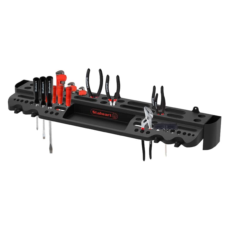 Tool Storage Shelf - Wall Mount Utility Shelf - 61 Slots, 4 Hooks, 2 Compartments - Garage Shelving and Organizers by Stalwart