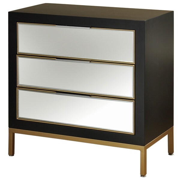 Satin Black Wood with Mirrored Door Overlay 3-drawer Chest
