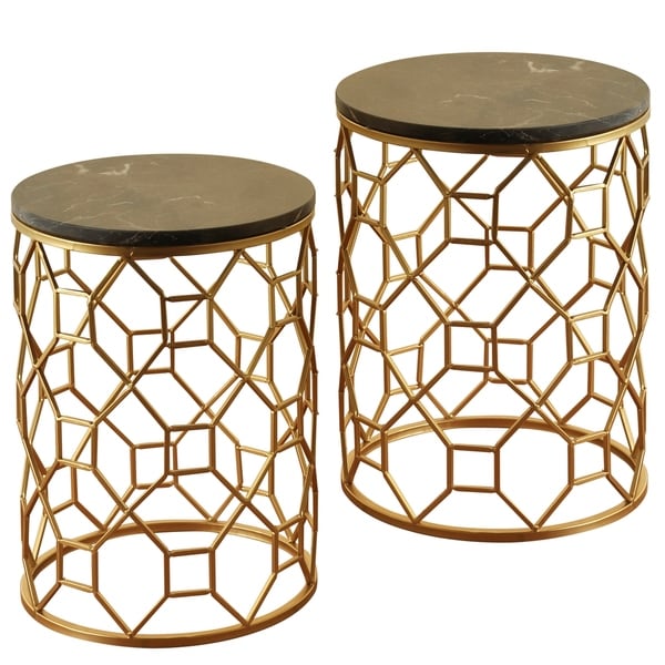 Round Light Brown Marble Top Side Tables with Goldtone Wrought Iron Base (Set of 2)