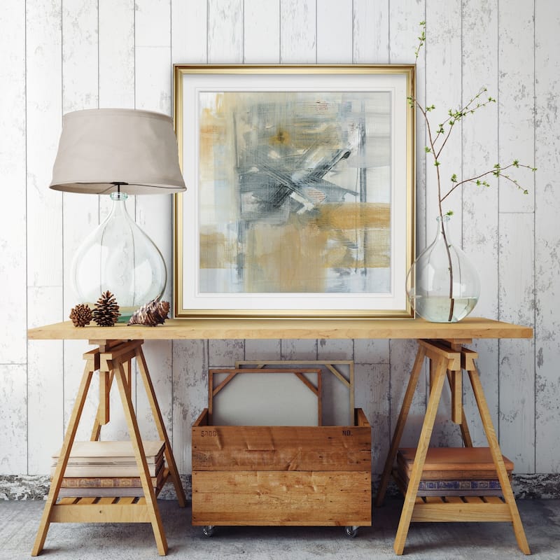 Reflections I -Custom Framed Print - blue, white, grey, yellow, green, silver, gold