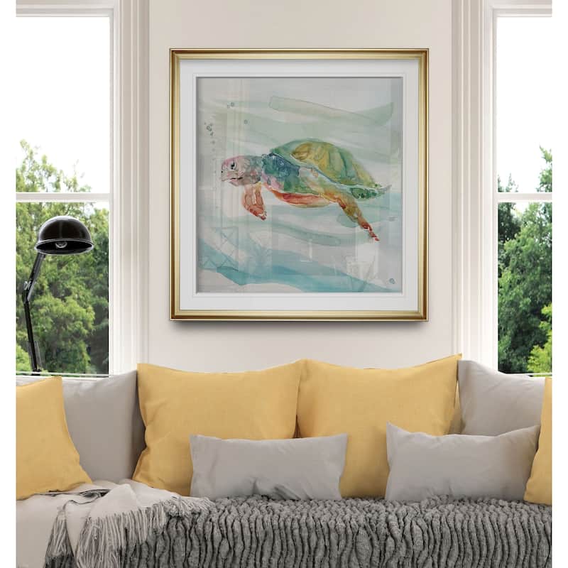 Turtle Tropics II -Custom Framed Print - blue, white, grey, yellow, green, silver, gold