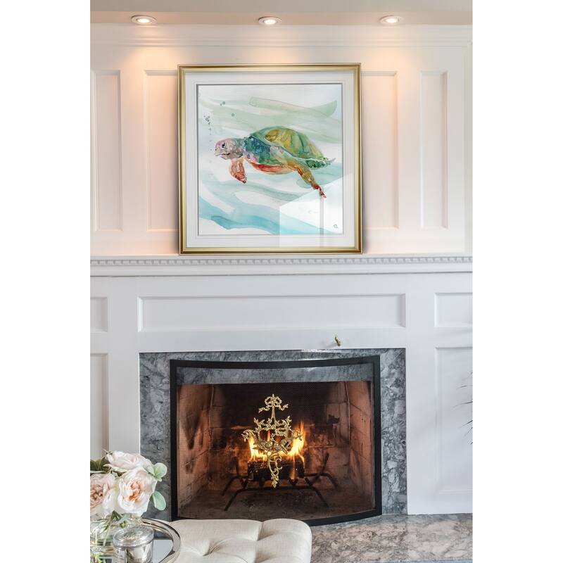 Turtle Tropics II -Custom Framed Print - blue, white, grey, yellow, green, silver, gold