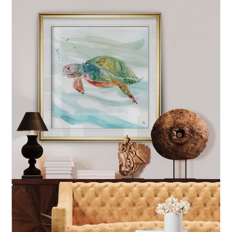 Turtle Tropics II -Custom Framed Print - blue, white, grey, yellow, green, silver, gold