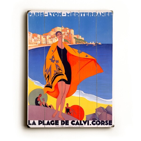 French Riviera Beach La Plage de Calvi - Planked Wood Wall Decor by Roger Broders