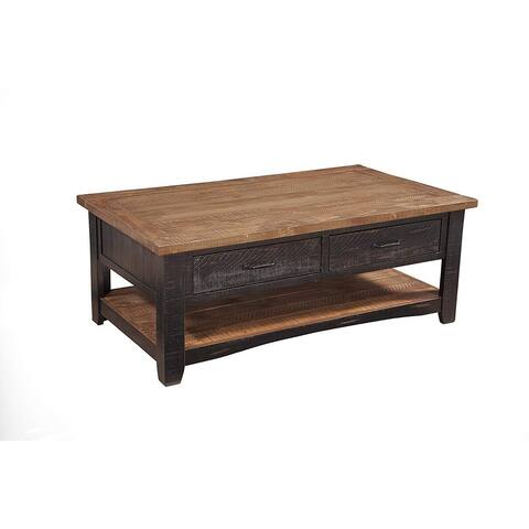 Dual Tone Wooden Coffee Table With Two Drawers, Antique Black and Honey Tobacco Brown