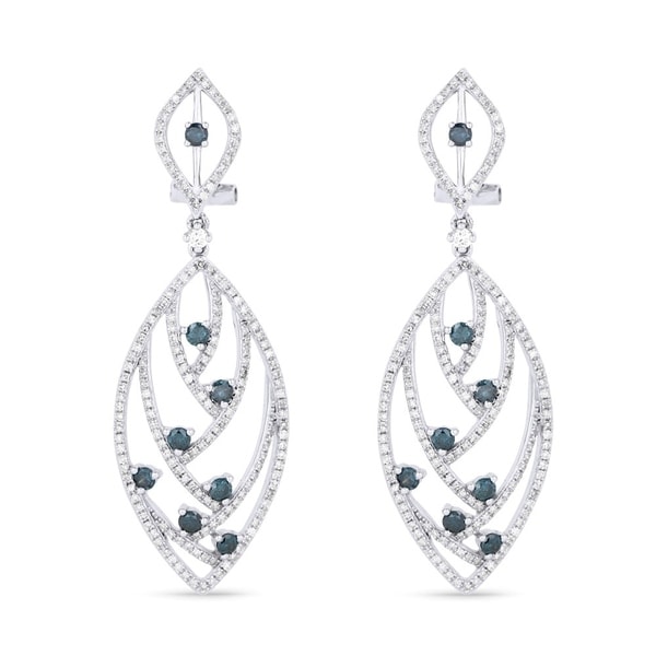 14k White Gold Earrings Round Blue Diamond Dangling 14k White Gold Earrings Round Blue Diamond Dangling With Omega Clasp