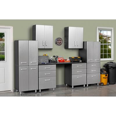 Tuff Stor Model 24213K Grey 71-inch wide WorkBench with 6 Drawers, 2 Four-door Storage Towers, and 2 Overhead Cabinets