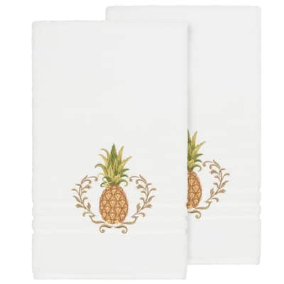 Authentic Hotel and Spa Turkish Cotton Pineapple Embroidered White 2-piece Bath Towel Set