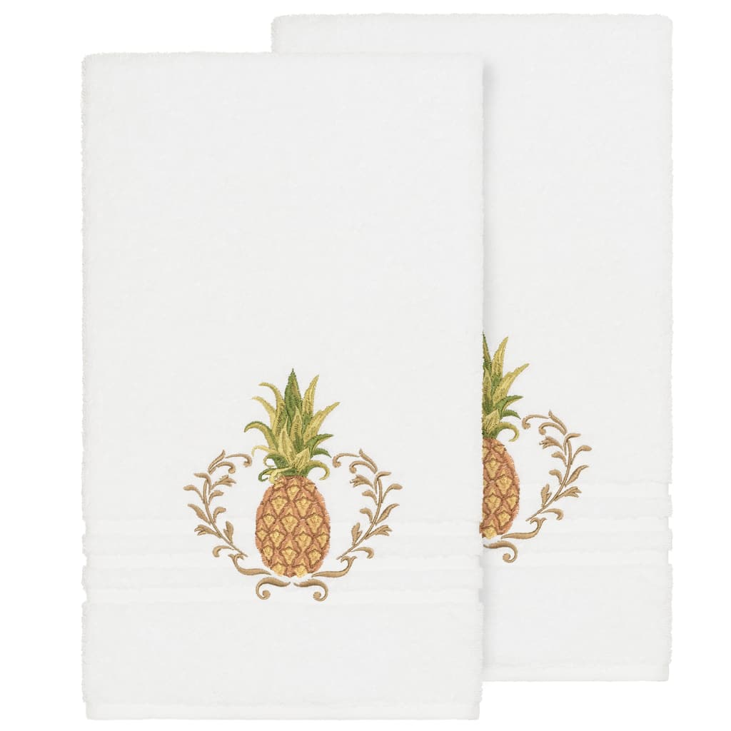Authentic Hotel and Spa Turkish Cotton Pineapple Embroidered White 2-piece Bath Towel Set