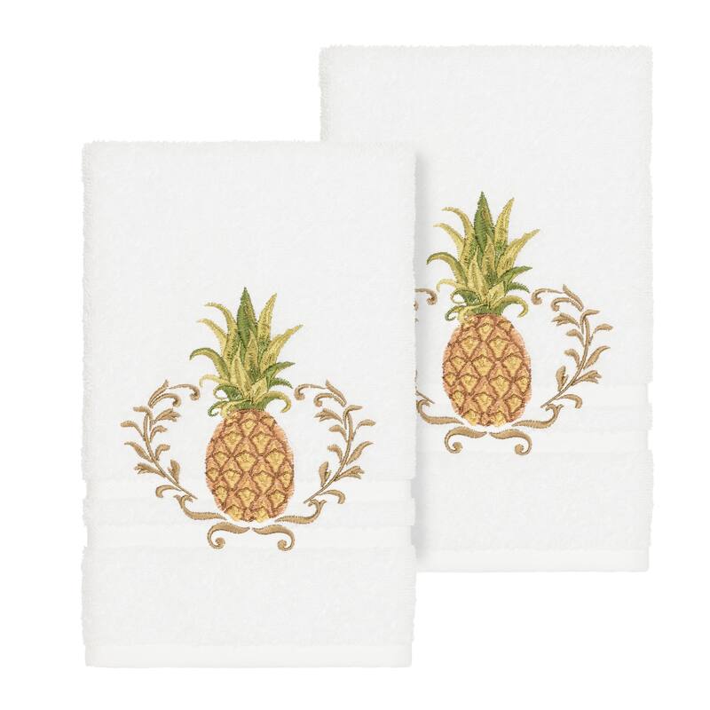 Authentic Hotel and Spa Turkish Cotton Pineapple Embroidered White 2-piece Towel Hand Set