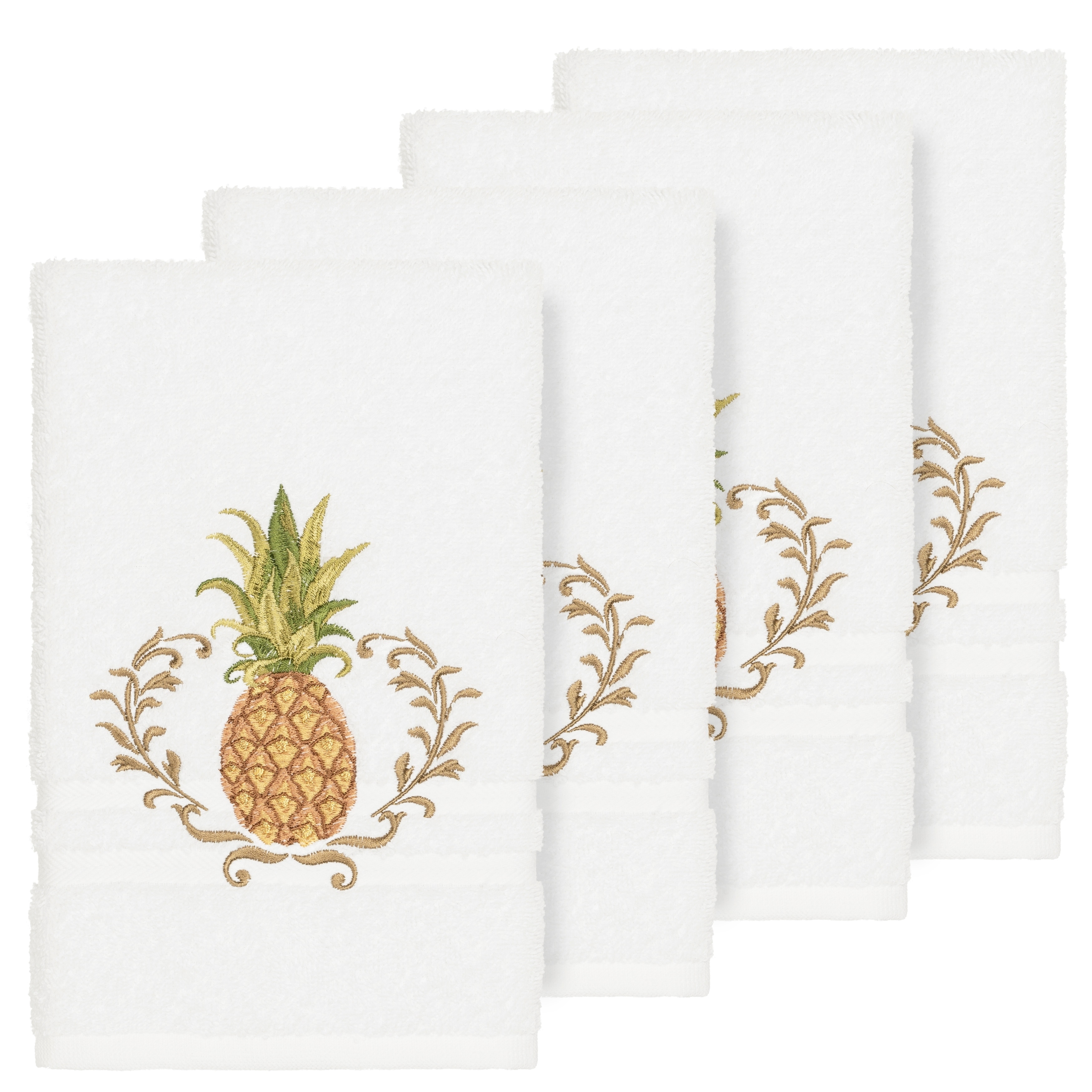 Authentic Hotel and Spa Turkish Cotton Pineapple Embroidered White 4-piece Hand Towel Set