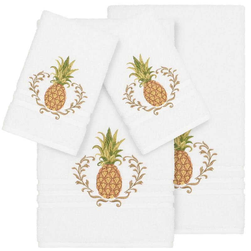 Authentic Hotel and Spa Turkish Cotton Pineapple Embroidered White 4-piece Towel Set