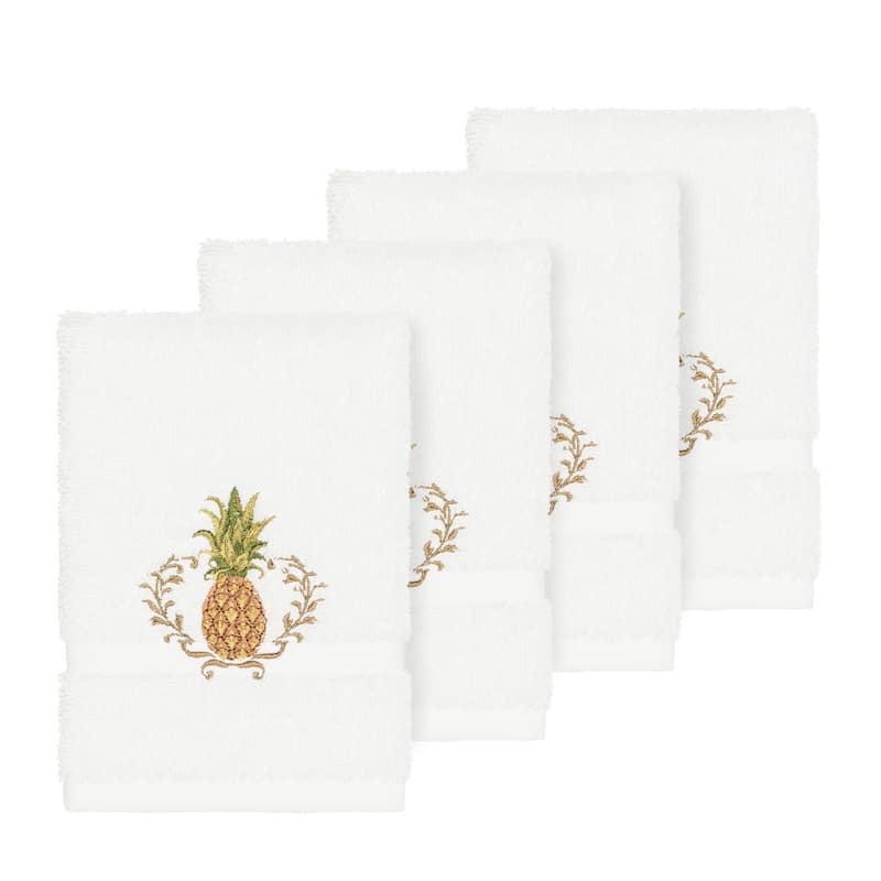 Authentic Hotel and Spa Turkish Cotton Pineapple Embroidered White 4-piece Washcloth Set