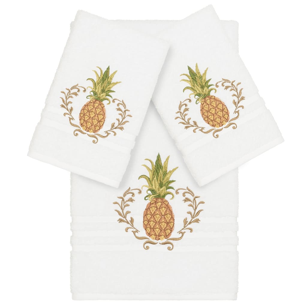 Authentic Hotel and Spa Turkish Cotton Pineapple Embroidered White 3-piece Towel Set
