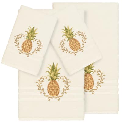 Authentic Hotel and Spa Turkish Cotton Pineapple Embroidered Cream 4-piece Towel Set