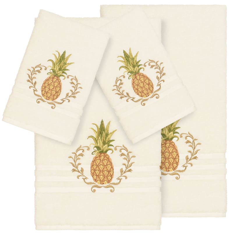 Authentic Hotel and Spa Turkish Cotton Pineapple Embroidered Cream 4-piece Towel Set - Cream