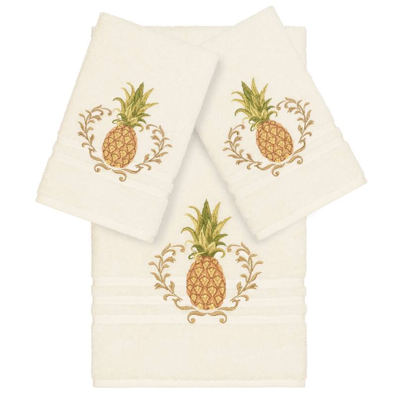 Authentic Hotel and Spa Turkish Cotton Pineapple Embroidered Cream 3-piece Towel Set