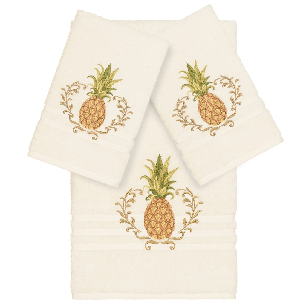 Authentic Hotel and Spa Turkish Cotton Pineapple Embroidered Cream 3-piece Towel Set