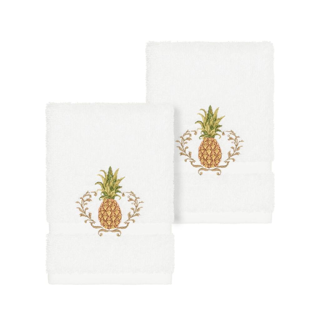 Authentic Hotel and Spa Turkish Cotton Pineapple Embroidered White 2-piece Washcloth Set