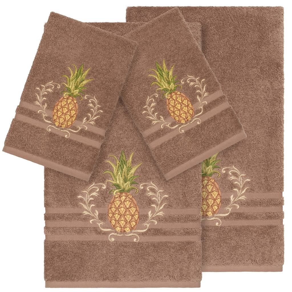 Authentic Hotel and Spa Turkish Cotton Pineapple Embroidered Latte Brown 4-piece Towel Set