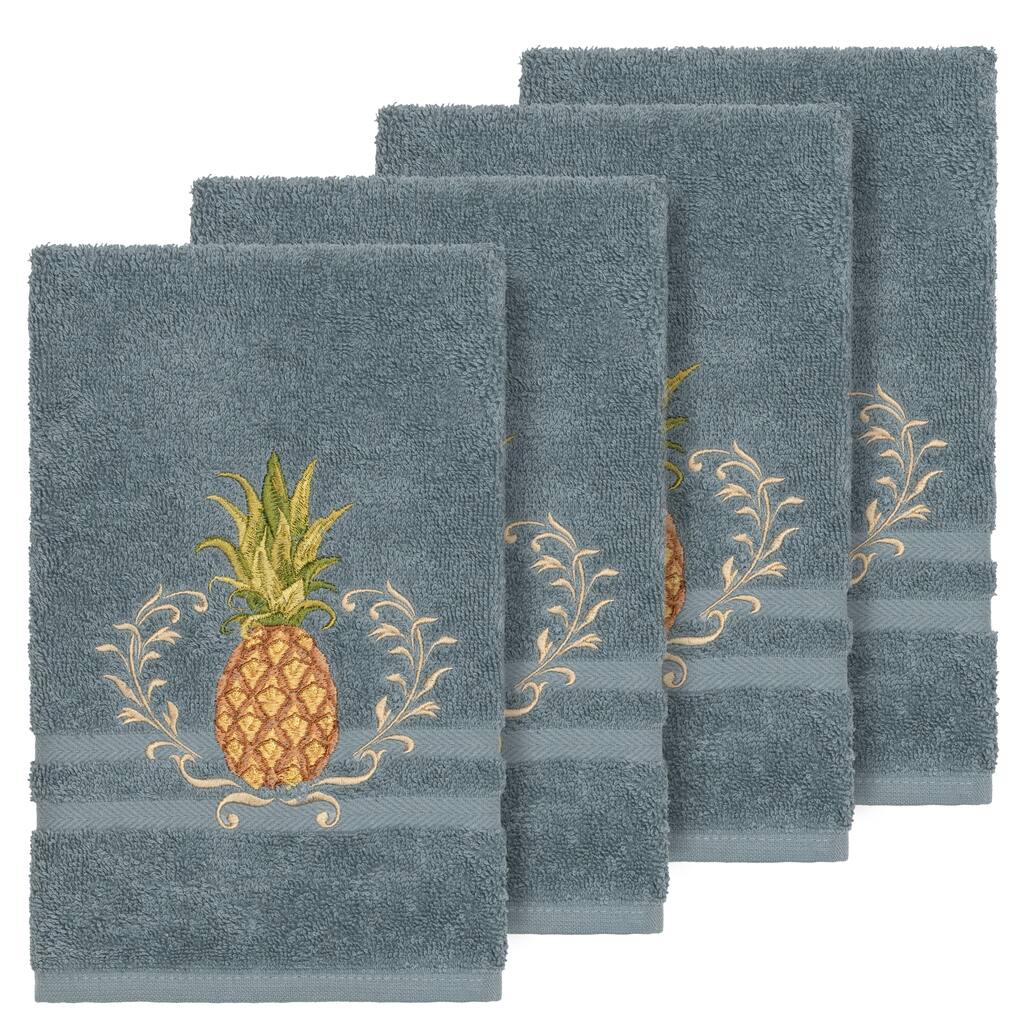 Authentic Hotel and Spa Turkish Cotton Pineapple Embroidered Teal Blue 4-piece Hand Towel Set