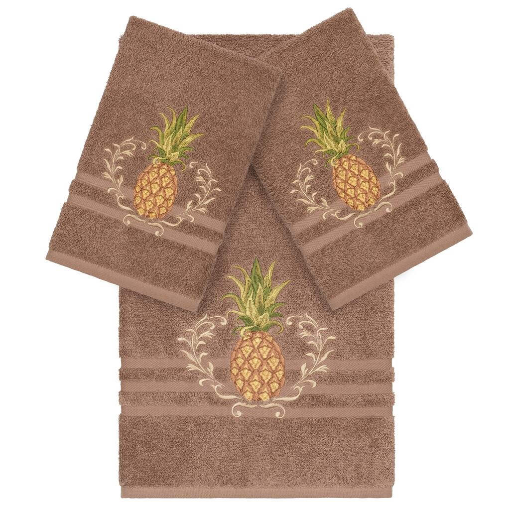Authentic Hotel and Spa Turkish Cotton Pineapple Embroidered Latte Brown 3-piece Towel Set