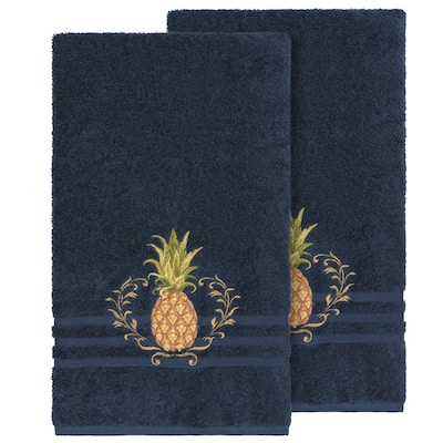 Authentic Hotel and Spa Turkish Cotton Pineapple Embroidered Midnight Blue 2-piece Bath Towel Set