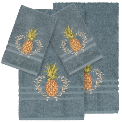 Authentic Hotel and Spa Turkish Cotton Pineapple Embroidered Teal Blue 4-piece Towel Set