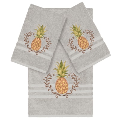 Authentic Hotel and Spa Turkish Cotton Pineapple Embroidered Light Grey 3-piece Towel Set