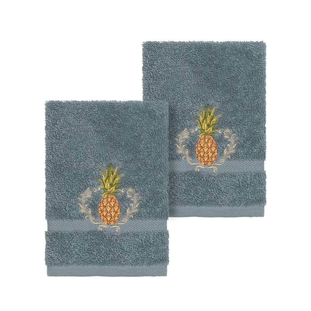 Authentic Hotel and Spa Turkish Cotton Pineapple Embroidered Teal Blue 2-piece Washcloth Set