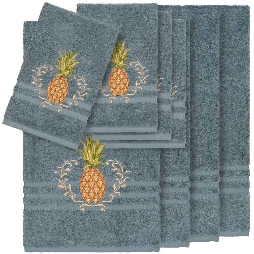Authentic Hotel and Spa Turkish Cotton Pineapple Embroidered Teal Blue 8-piece Towel Set