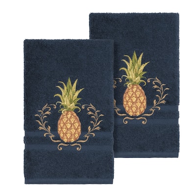 Authentic Hotel and Spa Turkish Cotton Pineapple Embroidered Midnight Blue 2-piece Towel Hand Set