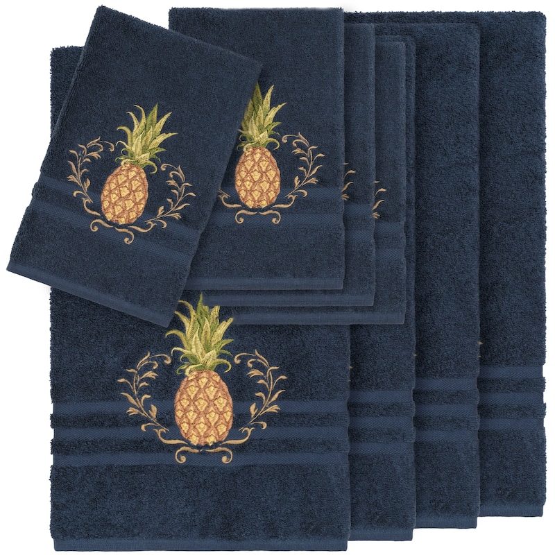 Authentic Hotel and Spa Turkish Cotton Pineapple Embroidered Midnight Blue 8-piece Towel Set