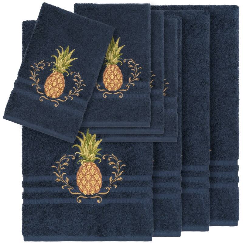 Authentic Hotel and Spa Turkish Cotton Pineapple Embroidered Midnight Blue 8-piece Towel Set - Navy Blue