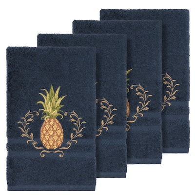 Authentic Hotel and Spa Turkish Cotton Pineapple Embroidered Midnight Blue 4-piece Hand Towel Set