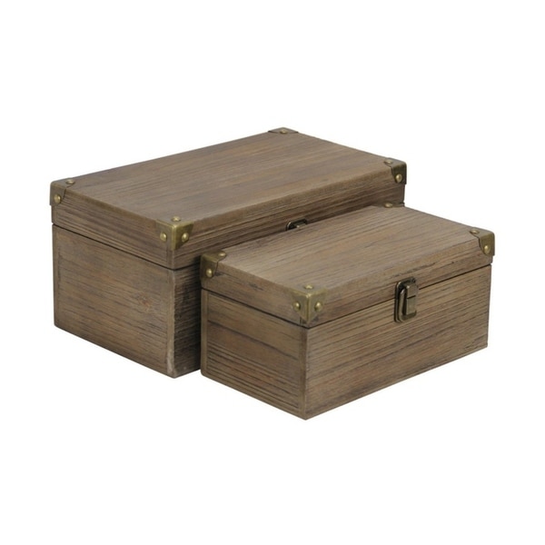 Cheung's Set of 2 Handmade Distressed Brown Wood Box with Bronze Corner Accent