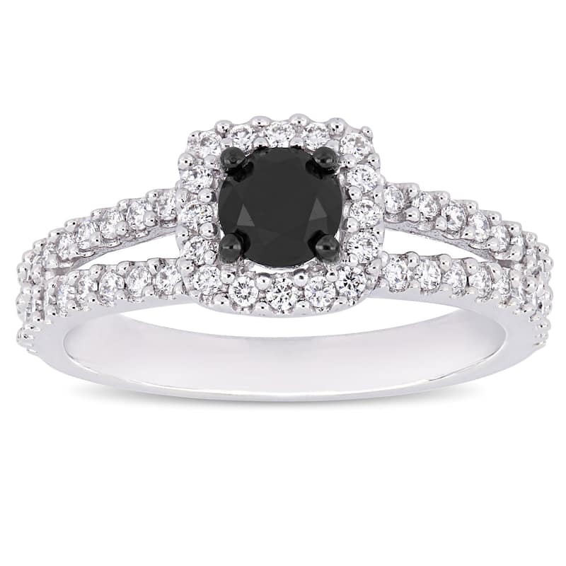 Miadora 14k White Gold 1ct TDW Black and White Diamond Halo Split Shank Engagement Ring
