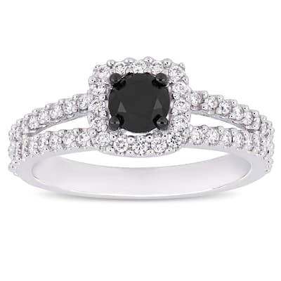 Miadora 14k White Gold 1ct TDW Black and White Diamond Halo Split Shank Engagement Ring