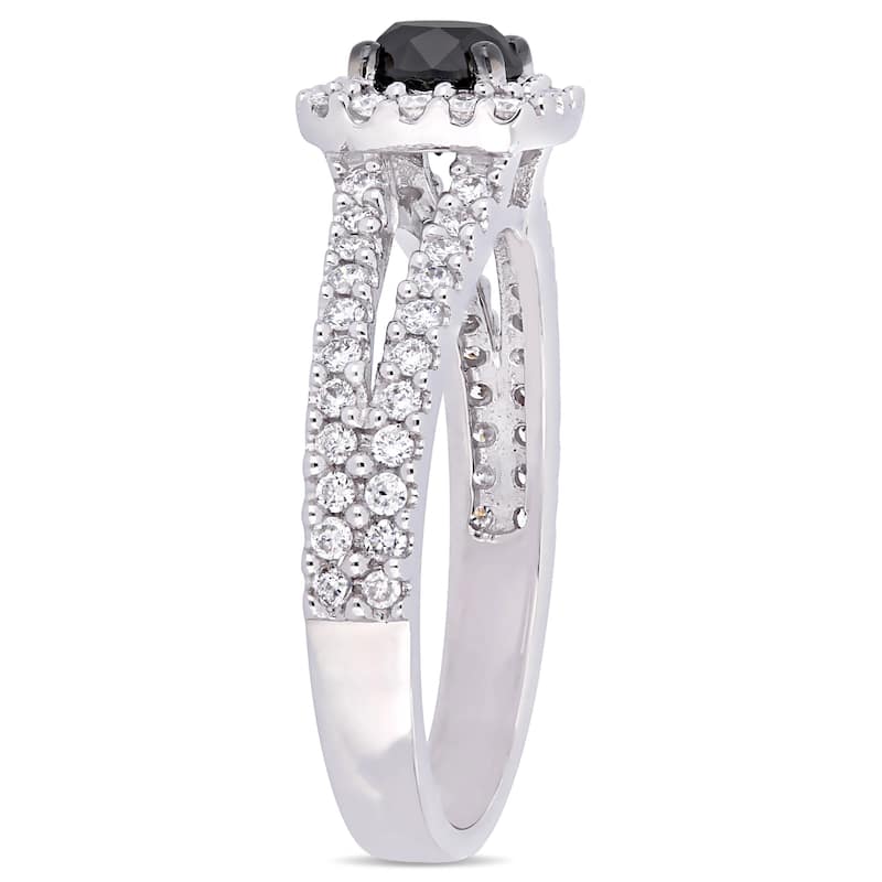 Miadora 14k White Gold 1ct TDW Black and White Diamond Halo Split Shank Engagement Ring