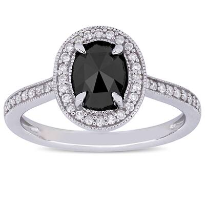 Miadora 10k White Gold 1 1/6ct TDW Black and White Diamond Oval Halo Engagement Ring