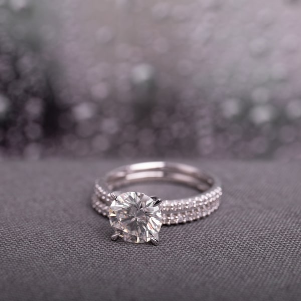 Moissanite by Miadora Signature Collection 14k White Gold 2ct TGW Moissanite and 1/4ct TDW Diamond Bridal Ring Set. Opens flyout.
