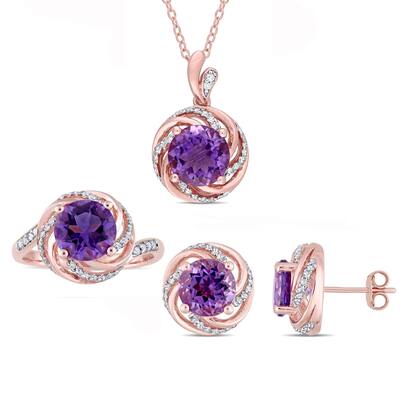 Miadora Rose Plated Sterling Silver Amethyst White Topaz and Diamond Swirl Halo Ring Necklace and Stud Earrings Set