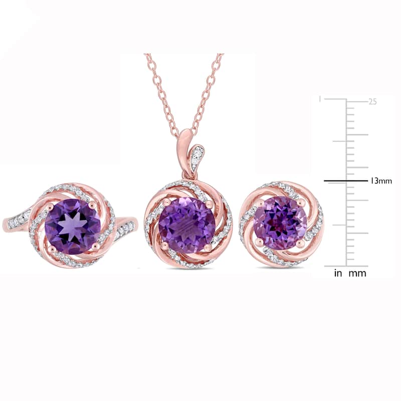 Miadora Rose Plated Sterling Silver Amethyst White Topaz and Diamond Swirl Halo Ring Necklace and Stud Earrings Set