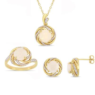 Miadora Yellow Plated Sterling Silver Opal White Topaz and Diamond Swirl Halo Ring Necklace and Stud Earrings Set
