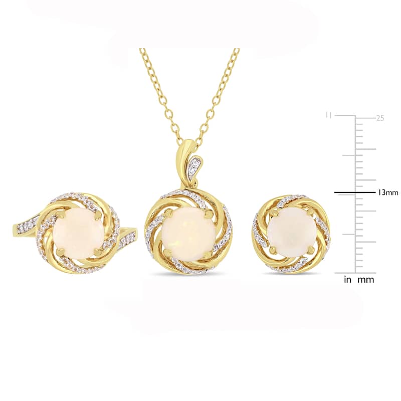 Miadora Yellow Plated Sterling Silver Opal White Topaz and Diamond Swirl Halo Ring Necklace and Stud Earrings Set